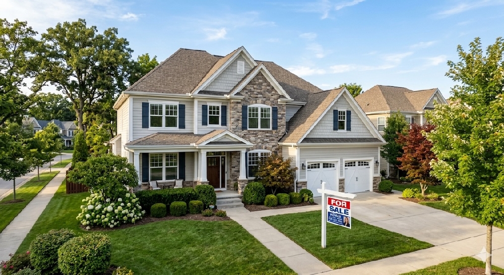 AI generated image of house with a for sale sign